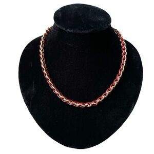 Vintage 80's Trifari Red Enamel Gold Plated Woven Layering Necklace - 24 inches